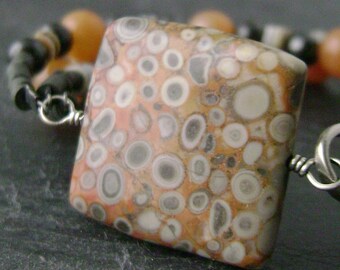 Fossilized Coral orange and grey three strand semi precious sterling silver bracelet b122