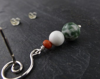 Christmas earrings sterling silver SPIRAL posts with Tree Moss Agate, Howlite and Coral e1457