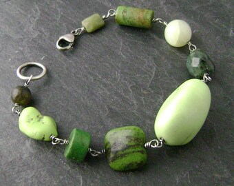 semi precious stone sterling silver wire wrapped bracelet Shades of Green b121