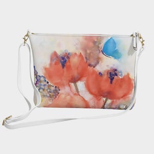 Cartera cruzada con amapolas y mariposas en acuarela de Bonnie Karr~Schuerhoff