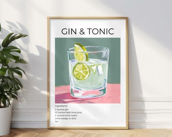 Gin and Tonic Cocktail Art Print, Bar Cart Decor