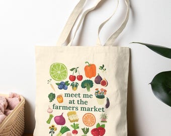 Farmers Market Cotton Canvas Tote Bag, Veggie Print