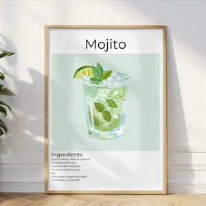 Arte mural de mojito, decoración de carrito de bar, póster de cócteles, regalo para amantes del mojito, arte de cócteles de moda, impresión de mojito, decoración para la hora feliz, póster de mojito