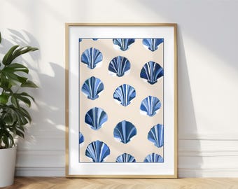 Blue Seashell Art Print, Coastal Beach House Decor