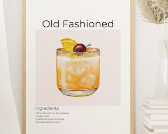 Old Fashioned Cocktail Recipe Art Print, Bar Cart Decor
