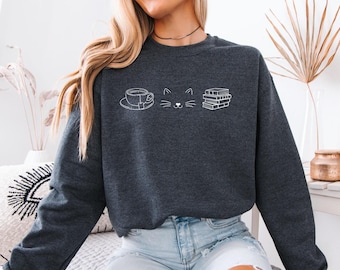 Cats Tea Books Sweatshirt, Bookish Cat Lover Gift