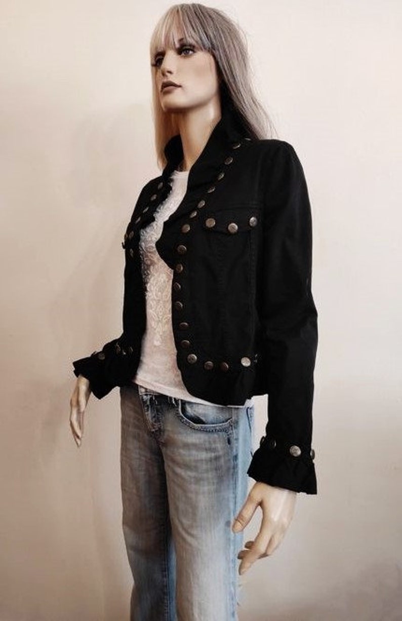 Giacca in denim da donna, giacca in denim morbido, steampunk, militare, punk, giacca in denim nero gotico S/Metro immagine 3