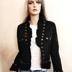 Giacca in denim da donna, giacca in denim morbido, steampunk, militare, punk, giacca in denim nero gotico S/Metro immagine 2