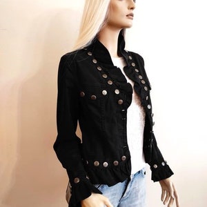 Giacca in denim da donna, giacca in denim morbido, steampunk, militare, punk, giacca in denim nero gotico S/Metro immagine 5