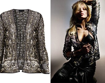 KATE MOSS Topshop Schwarze Vintage-Mesh-Jacke mit angelaufenen Pailletten, Größe 36/S