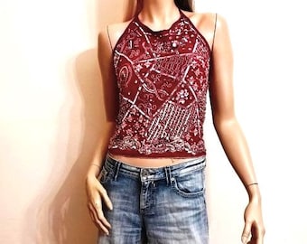 Elegante top scollato con paillettes, rosso, taglia. 36/S, boho, hippie