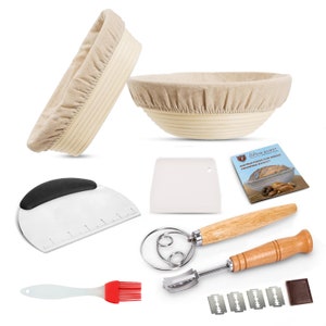 May include: A set of 10 baking tools for making bread, including two round proofing baskets with linen liners, a dough scraper, a dough whisk, a bread lame, a pastry brush, and five razor blades. The set also includes instructions for using the proofing baskets.