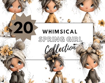 May include: A digital art collection featuring whimsical illustrations of girls with large eyes and floral accents. The image includes the text "20 Whimsical Spring Girl Collection". The girls are dressed in soft, muted colours, surrounded by flowers and butterflies.