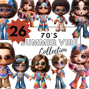 Clipart chibi ambiance estivale des années 70 - collection de mode rétro funky