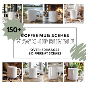 Può includere: Otto immagini che mostrano tazze da caffè bianche in varie ambientazioni. Le immagini sono dei mockup, con il testo "150+ Coffee Mug Scenes Mock-Up Bundle" e "Over 150 Images 8 Different Scenes."