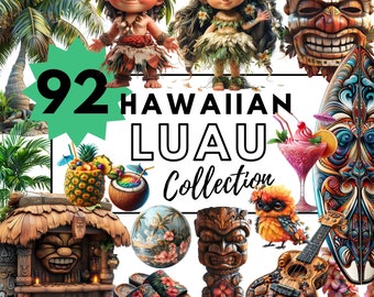 Puede incluir: Una colección de 92 imágenes digitales de clipart con temática de Luau hawaiano. Las imágenes incluyen una cabaña tiki, una tabla de surf, un ukelele, una bebida tropical, una piña, un collar de flores, una flor, una máscara tiki y dos personajes de dibujos animados.
