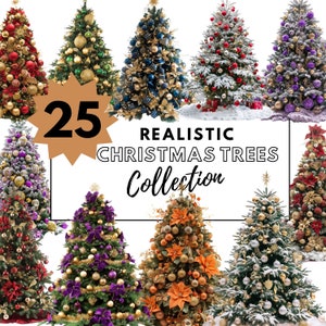 Realistische kerstbomen clipart - versierde kerstbomen, feestelijke kleurenschema's