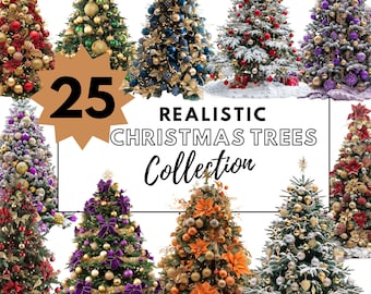 Realistic Christmas Trees Clipart - Decorated Holiday Trees, Festive Color Schemes