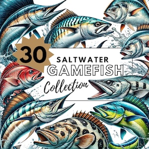 Collection de 30 cliparts de poissons-gibiers d'eau salée - art numérique populaire de pêche sportive en mer pour une décoration côtière, des graphiques marins et un design nautique