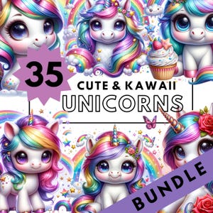 Lindo paquete de imágenes prediseñadas de unicornios kawaii: 35 adorables unicornios arcoíris, PNG de fantasía, descarga digital