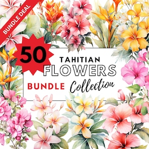 タヒチの花の水彩画クリップアートバンドル - エキゾチックな花のコレクション