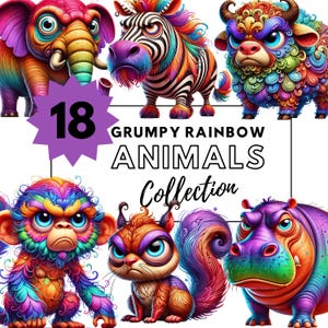 Grumpy Rainbow Animals Clip Art-collectie – Levendige, grillige, cartoonachtige, volledige illustraties voor digitale en printprojecten