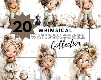 May include: A set of 20 whimsical watercolour illustrations of girls. Each girl is depicted with a soft, dreamy aesthetic, adorned with floral crowns and wearing flowing, light-coloured clothing. The artwork has a gentle, pastel colour palette.