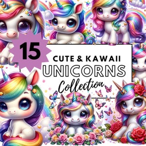 Entzückendes Kawaii Einhorn Clip Art Bundle | Niedliche Einhörner für Kinderhandwerk, Einladungen und Dekor | Digitaler Download.