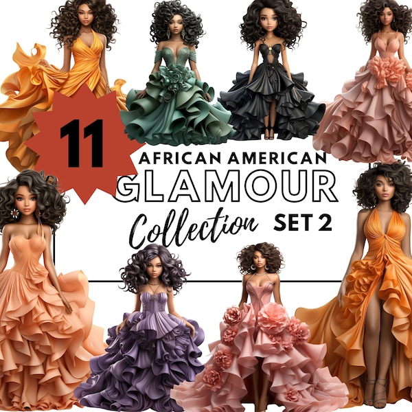 African American Glamour Queens Chibi Clipart Series 2 - Chic Fashion Icons