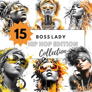 Imágenes prediseñadas de jefa de hip hop / Mujer multimillonaria afroamericana PNG / Diva afro de la moda de lujo / Arte de la reina del dinero ostentoso / Descarga digital