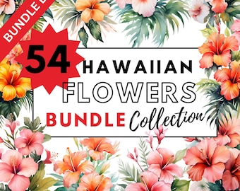 May include: A digital illustration of 54 Hawaiian flowers in a bundle collection. The flowers are pink, red, orange, and yellow. The text "54 Hawaiian Flowers Bundle Collection" is in black text on a white background.