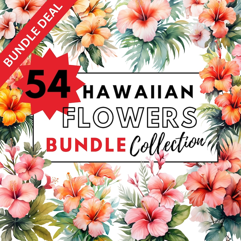 May include: A digital illustration of 54 Hawaiian flowers in a bundle collection. The flowers are pink, red, orange, and yellow. The text "54 Hawaiian Flowers Bundle Collection" is in black text on a white background.