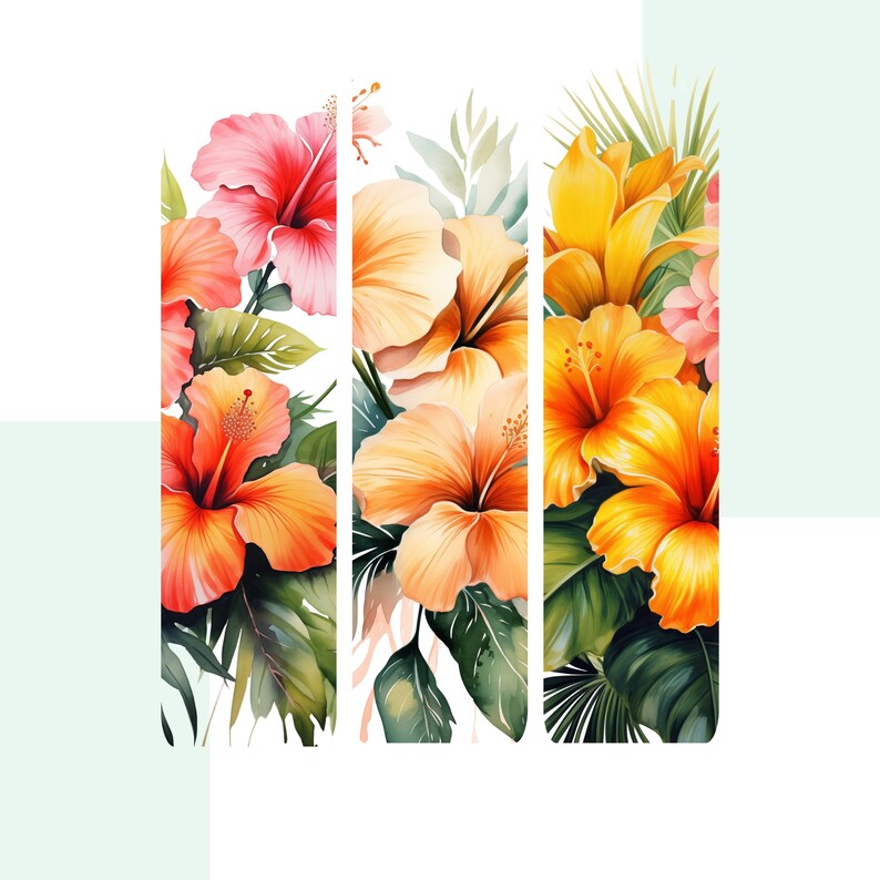 May include: A watercolor painting of tropical flowers, including hibiscus and other blooms, in shades of orange, yellow, red, and pink. The flowers are arranged in a vertical composition, with lush green leaves surrounding them.