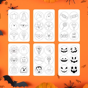 May include: A set of 24 printable Halloween cupcake toppers featuring various spooky and cute designs, including ghosts, pumpkins, bats, candy, and more. The toppers are black and white and ready to be printed and cut out.