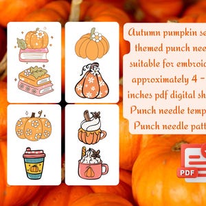 May include: A set of five digital punch needle patterns featuring autumn-themed designs with pumpkins, books, coffee cups, and fall spices. The patterns are approximately 4-4.5 inches in size and are available as a PDF download.