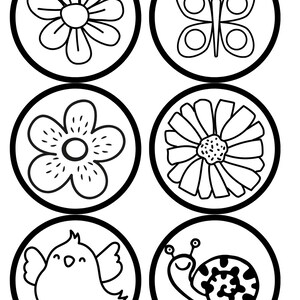 May include: Six black and white circular illustrations featuring nature-themed designs. The designs include a flower, a butterfly, another flower, a daisy, a bird, and a snail. Each design is enclosed within a black circle.