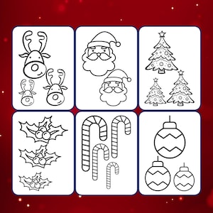Puede incluir: Ilustraciones en blanco y negro de iconos navideños. Los iconos incluyen un reno, Papá Noel, un árbol de Navidad, acebo, bastones de caramelo y adornos.