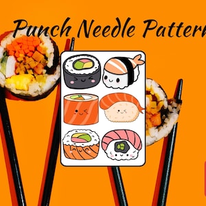 Puede incluir: Un patrón de aguja de punzón imprimible que presenta seis rollos de sushi diferentes con caras lindas. El patrón está sobre un fondo blanco con un icono PDF rojo en la esquina inferior derecha. El texto "Punch Needle Pattern" está en la parte superior de la imagen.