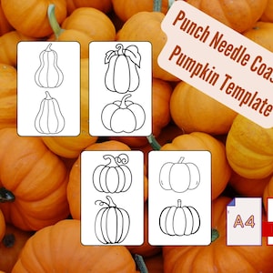 May include: Five printable pumpkin templates for punch needle coasters. The templates feature different pumpkin shapes and sizes, including a traditional pumpkin, a gourd, and a pumpkin with a stem.