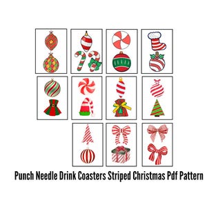 Op de afbeelding: Een set van 12 afdrukbare punch needle patronen met gestreepte kerstversieringen, snoepstokken, strikken en een sok. De patronen zijn perfect om feestelijke onderzetters te maken.