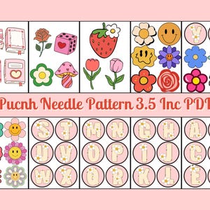 Op de afbeelding: Een set van 20 punch needle patronen met verschillende ontwerpen, waaronder bloemen, smiley-gezichten, letters en boeken. De patronen zijn afgedrukt op wit papier en zijn gelabeld "Punch Needle Pattern 3.5 Inc PDF".