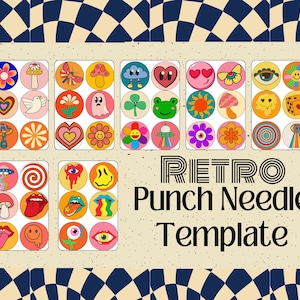 May include: A set of 36 retro punch needle templates featuring various colourful designs, including mushrooms, flowers, smiley faces, and eyes. The templates are labelled "RETRO Punch Needle Template".