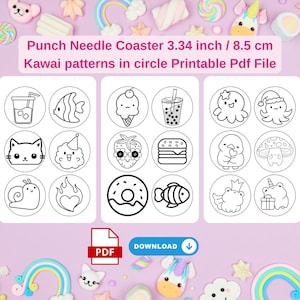 May include: Printable PDF file with Kawaii-style punch needle coaster designs. Each coaster is 8.5 cm in diameter and features a unique black and white illustration. Designs include a cat, fish, ice cream, and more. The file is available for download.