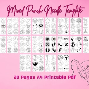 Peut inclure: Modèle de poinçon à aiguille imprimable en noir et blanc avec 20 pages de motifs différents. Les motifs comprennent une variété de formes, telles que des cœurs, des étoiles, des fleurs et des animaux. Le texte "Mixed Punch Needle Template" est en haut de l'image. Le texte "20 Pages A4 Printable PDF" est en bas de l'image.