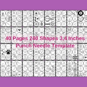 Könnte beinhalten: Eine schwarz-weiße Punch-Needle-Vorlage mit 40 Seiten und 240 Formen. Jede Form hat einen Durchmesser von 3,4 Zoll. Die Formen umfassen verschiedene Designs wie Sterne, Herzen, Tiere und geometrische Muster.