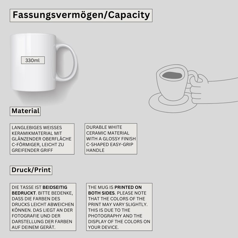 May include: A white ceramic mug with a 330ml capacity, featuring a glossy finish and a C-shaped handle. The graphic includes text regarding material and print specifications, noting the mug is printed on both sides with potential color variations.