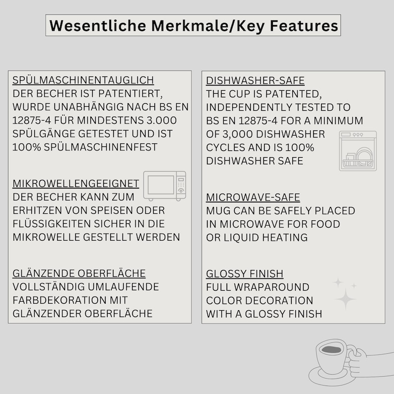 May include: An informational graphic titled Wesentliche Merkmale/Key Features listing product specifications. It states the cup is dishwasher-safe, tested to BS EN 12875-4 for 3,000 cycles, microwave-safe for heating, and features a glossy finish.