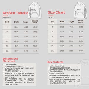 May include: Size chart for a hoodie in centimeters and inches. The chart shows the width, length, and sleeve length for sizes S through 3XL. The chart also includes a list of key features, such as no side seams, spacious kangaroo pockets, and a drawstring hood.