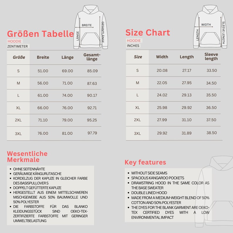May include: Size chart for a hoodie in centimeters and inches. The chart shows the width, length, and sleeve length for sizes S through 3XL. The chart also includes a list of key features, such as no side seams, spacious kangaroo pockets, and a drawstring hood.