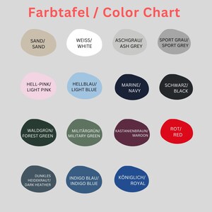 May include: Color chart with 12 color swatches, each with a German and English name. The colors include sand, white, ash grey, sport grey, light pink, light blue, navy, black, forest green, military green, maroon, red, dark heather, indigo blue, and royal blue.